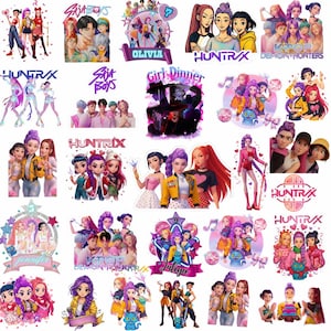 May include: A collection of colorful stickers featuring anime-style illustrations of groups of people, some with text like "HUNTRAX", "KPOP DEMON HUNTERS", and names such as "Olivia" and "Juliya". The stickers have a variety of designs and themes.