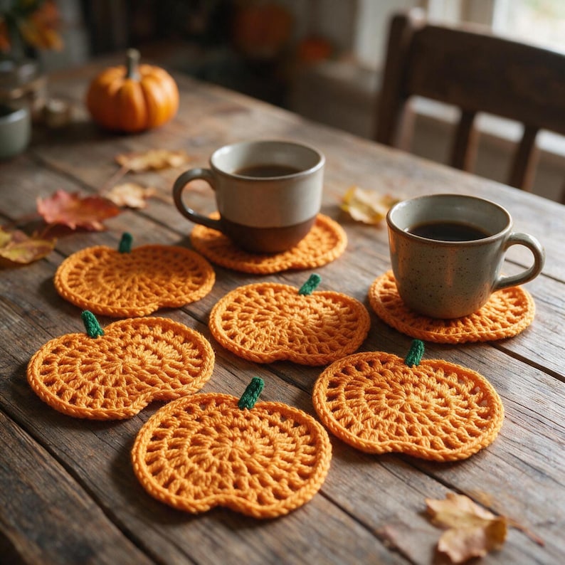 May include: A set of six orange crochet coasters shaped like pumpkins, each featuring a small green stem. Two of the coasters are topped with ceramic mugs filled with dark liquid, arranged on a wooden surface with scattered autumn leaves.