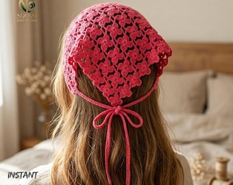 May include: A handmade, bright pink crochet headscarf with a floral pattern. The headscarf is tied at the back with a bow. The words "INSTANT DOWNLOAD PDF" are visible in the lower left corner.