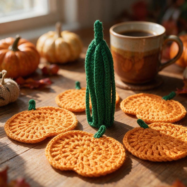 May include: A set of orange crochet pumpkin coasters with green stems, accompanied by a tall, vertical green crochet stalk. The coasters are circular with textured stitching, arranged around the central green stalk on a wooden surface.