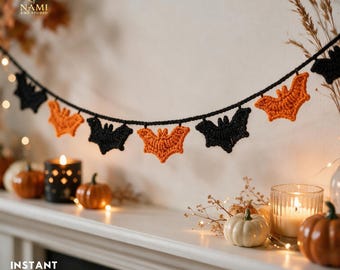 Crochet Halloween Bat Garland Pattern PDF, Bat Bunting Crochet Pattern, Spooky Halloween Decor, Applique Garland, Digital Download
