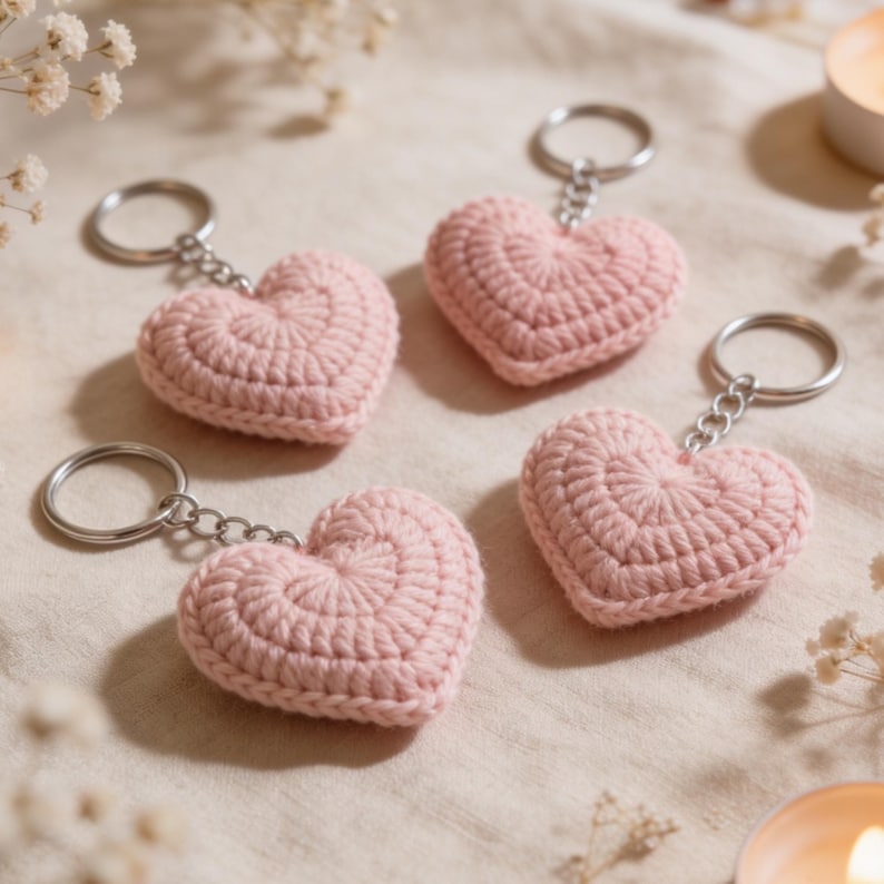 May include: Four pink crocheted heart keychains with silver key rings. The hearts are made of a soft, textured yarn and are arranged on a neutral-colored surface. The keychains are a charming and handmade accessory.