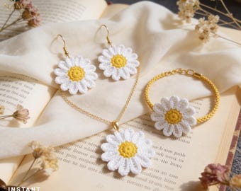Sunflower Bracelet & Earrings Crochet Pattern PDF | Necklace Set Tutorial | Boho Floral Jewelry | Instant Download