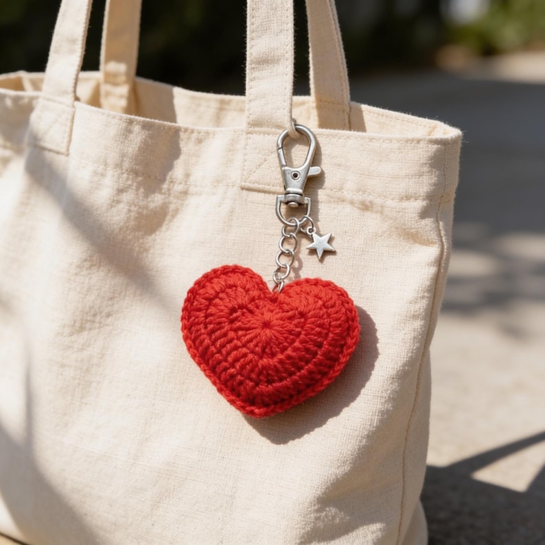 May include: A red crocheted heart keychain with a silver clasp and a small star charm attached to a canvas tote bag. The heart is a vibrant red color and appears handmade. The bag is a neutral beige color.