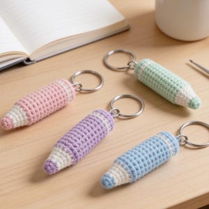 Puede incluir: Cuatro llaveros de lápiz tejidos a ganchillo en rosa pastel, verde menta, lavanda y azul claro. Cada llavero cuenta con un anillo de metal plateado unido a una forma de lápiz cubierta de hilo con una punta blanca, creando un accesorio texturizado.
