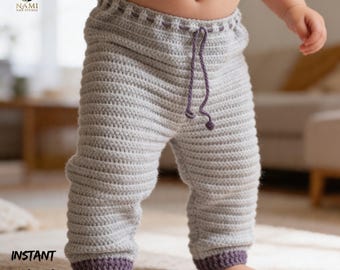 May include: Crocheted baby pants in light gray with a ribbed texture. The pants have a purple drawstring and cuffs. The image includes the text "INSTANT DOWNLOAD PDF".