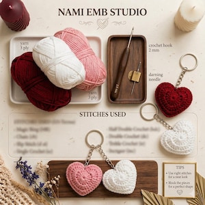 May include: An overhead shot displays crochet supplies and finished heart-shaped keychains. The image includes yarn in red, white, and pink, a crochet hook, and a darning needle. The text "NAMI EMB STUDIO" is visible.