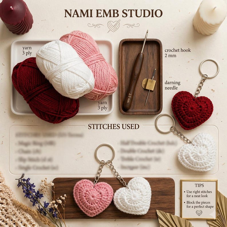May include: An overhead shot displays crochet supplies and finished heart-shaped keychains. The image includes yarn in red, white, and pink, a crochet hook, and a darning needle. The text "NAMI EMB STUDIO" is visible.