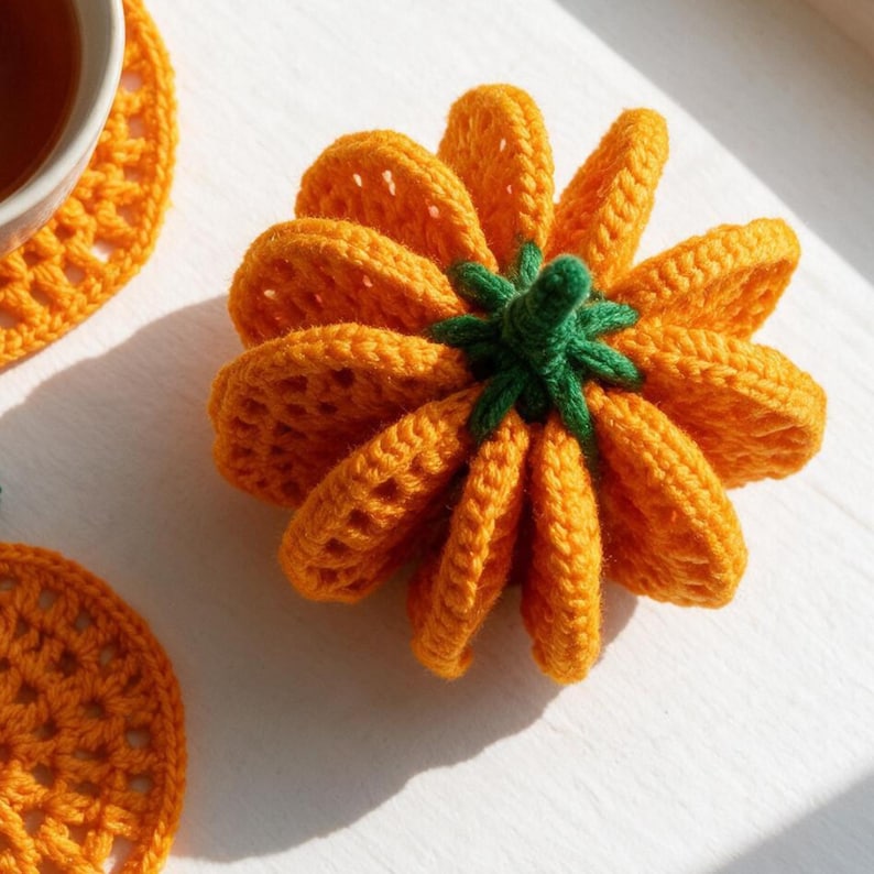 May include: A crocheted orange pumpkin with a green stem, featuring a textured, ribbed design. The pumpkin is accompanied by two matching orange crocheted circular coasters, one of which is partially visible under a white ceramic cup.