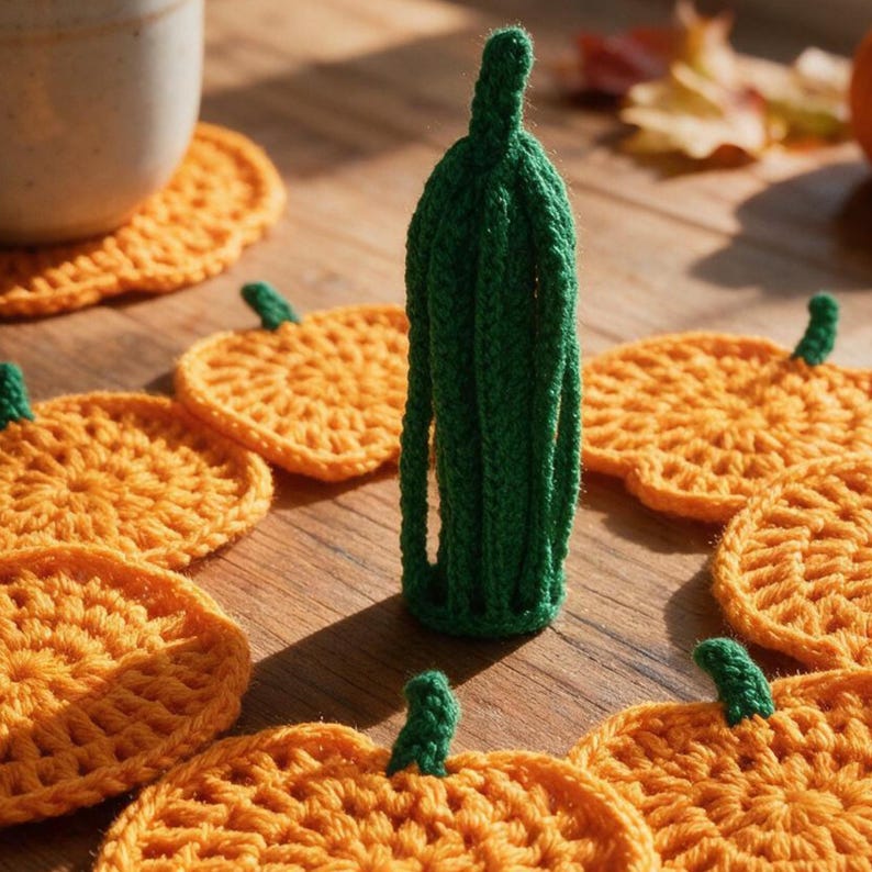May include: A collection of crocheted items including several flat orange pumpkin-shaped coasters with small green stems and one tall, cylindrical green crocheted piece with vertical ribbed texture standing upright in the center.