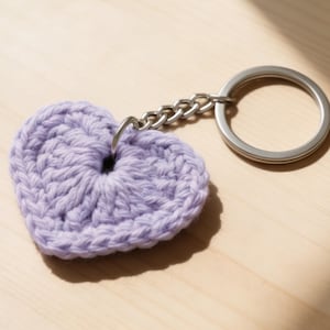 May include: A crocheted lavender heart keychain with a silver chain and key ring. The heart-shaped charm is made of soft yarn and has a textured appearance. The keychain is on a light wooden surface.