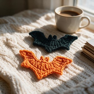 May include: Two crocheted bat appliques, one in solid black and one in solid orange, featuring detailed wing textures and pointed ears. These small, flat, yarn-based decorations are crafted with a visible stitch pattern and are shaped like bats.