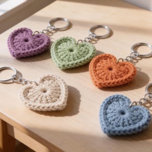 May include: A collection of handmade crochet heart keychains in various colors, including purple, green, orange, beige, and blue. Each keychain features a silver-colored ring for attaching to keys or bags. The heart-shaped designs are displayed on a light-colored wooden surface.