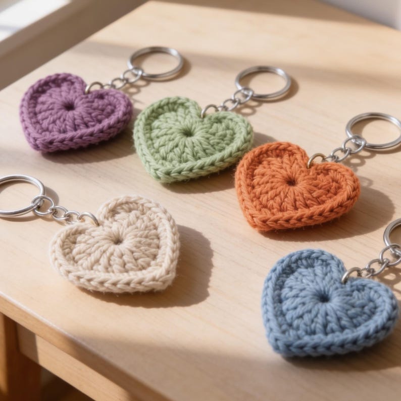 May include: A collection of handmade crochet heart keychains in various colors, including purple, green, orange, beige, and blue. Each keychain features a silver-colored ring for attaching to keys or bags. The heart-shaped designs are displayed on a light-colored wooden surface.
