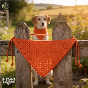 May include: A bright orange triangular crochet pet bandana featuring a textured stitch pattern and long braided ties on each side. The accessory is draped over a wooden fence post, showcasing its vibrant color and detailed yarn construction.