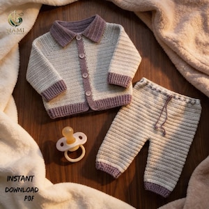 Può includere: Un completo per neonati all'uncinetto color crema e lavanda. Il set include una giacca abbottonata con colletto e pantaloni abbinati. È visibile anche un ciuccio. Le parole "INSTANT DOWNLOAD PDF" sono in basso.