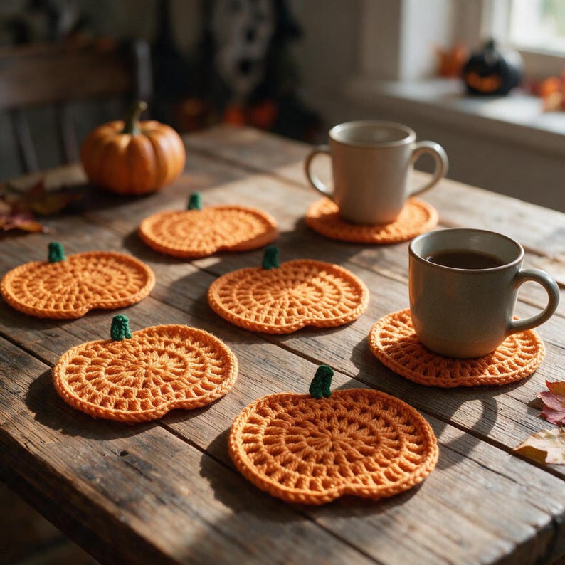 May include: A set of six orange pumpkin-shaped crochet coasters, each featuring a small green stem at the top. Two of the coasters support light-colored ceramic mugs, while the others are arranged on a rustic wooden surface with a small pumpkin.