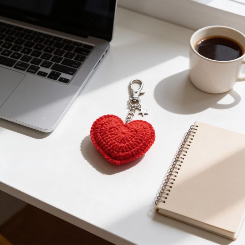 May include: A red crocheted heart keychain with a silver clasp and star charm. The heart is on a white surface next to a laptop, a cup of coffee, and a spiral notebook.