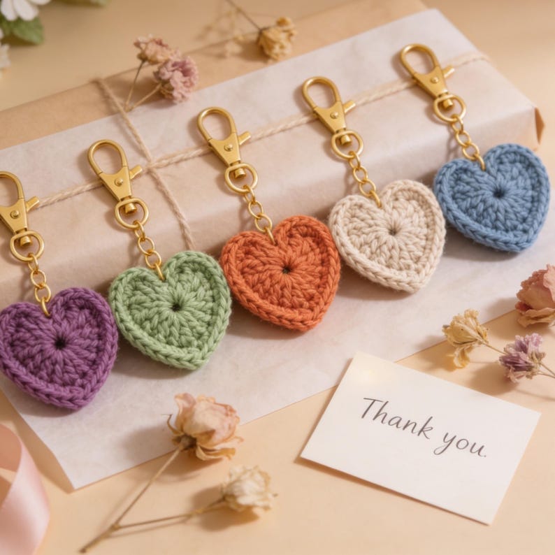 May include: A collection of heart-shaped crochet keychains in various colors: purple, green, orange, cream, and blue. Each keychain has a gold-colored clasp. A small card with "Thank you" is also present.