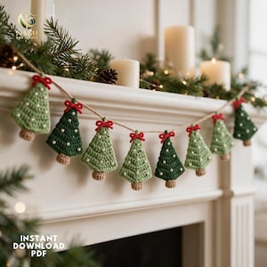 May include: A crochet garland featuring alternating light and dark green triangular Christmas tree ornaments. Each tree is decorated with small white beads and topped with a red yarn bow, all suspended from a thin, light brown twine string.