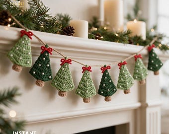 May include: A crochet garland featuring alternating light and dark green triangular Christmas tree ornaments. Each tree is decorated with small white beads and topped with a red yarn bow, all suspended from a thin, light brown twine string.