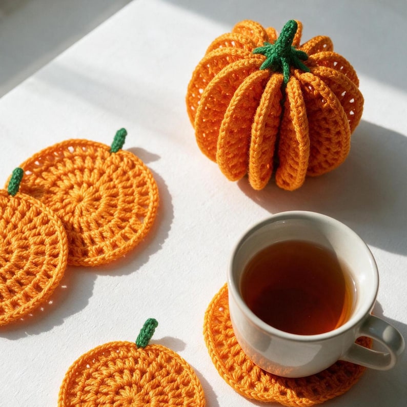 May include: A three-dimensional crocheted orange pumpkin with a green stem, accompanied by four flat, circular orange crocheted coasters, each featuring a small green stem detail, and a white ceramic mug filled with brown tea.