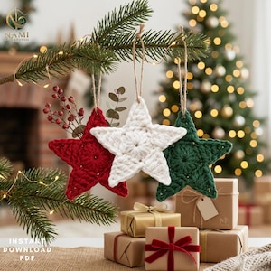 May include: Three handmade crochet star ornaments in red, white, and dark green, each hanging from a natural jute twine loop. These textured, five-pointed star decorations are crafted with yarn and feature a central circular pattern design.