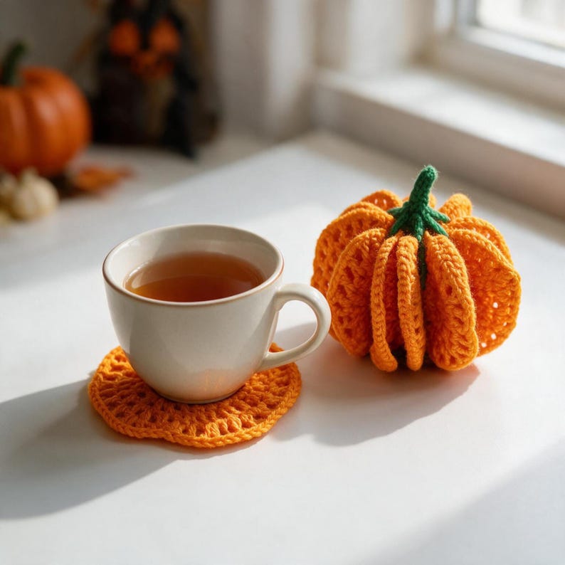 May include: A white ceramic mug filled with tea sits on a round orange crocheted coaster. Next to the mug is a small, stuffed orange crocheted pumpkin with a green stem. The items are arranged on a smooth white surface with natural light.