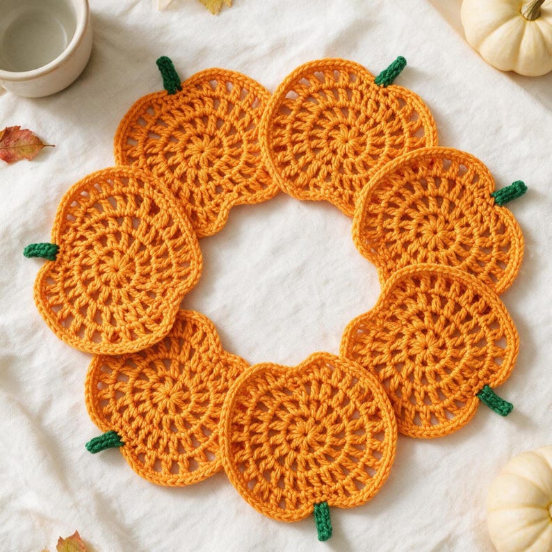 May include: A circular arrangement of six orange crocheted pumpkin coasters, each featuring a small green stem. The coasters are crafted with a circular stitch pattern and are positioned in a ring shape on a white fabric surface.