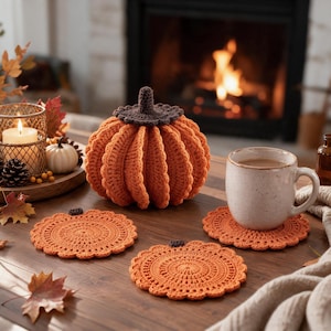 Pumpkin Coaster Set Crochet Pattern PDF, 8 Coasters Make one 3D Pumpkin, Fall Table Decor, Thanksgiving, Step-by-Step Photos
