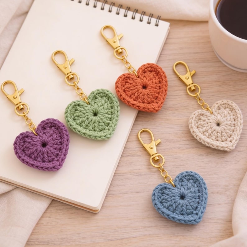 May include: A collection of five crochet heart keychains in various colors: purple, green, orange, cream, and blue. Each heart is attached to a gold-colored clasp and chain. The keychains are arranged on a white notebook and a wooden surface.