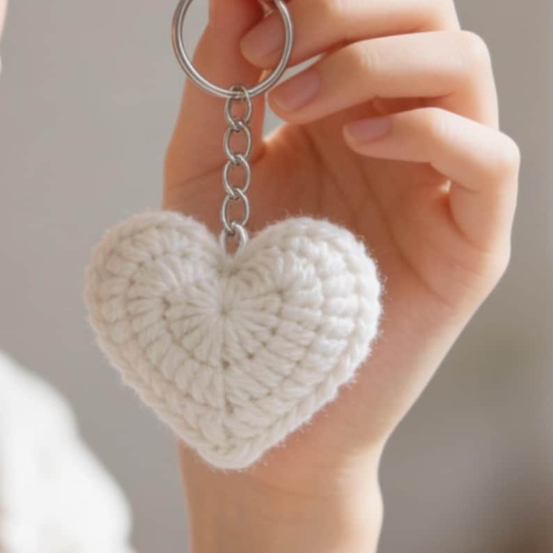 May include: A white, crocheted heart-shaped keychain. The heart is made of a soft, textured yarn and is attached to a silver-colored metal keyring with a chain. The keychain is held in a person's hand.