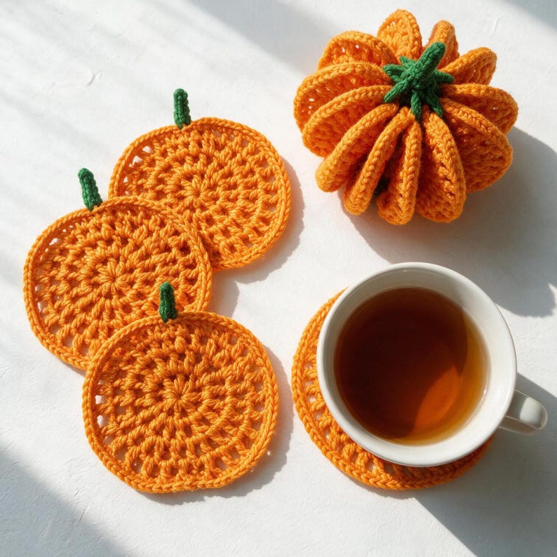 May include: Three round orange crocheted pumpkin coasters with small green stems, one three-dimensional crocheted pumpkin, and a white ceramic mug filled with brown tea resting on a fourth matching orange crocheted pumpkin coaster.