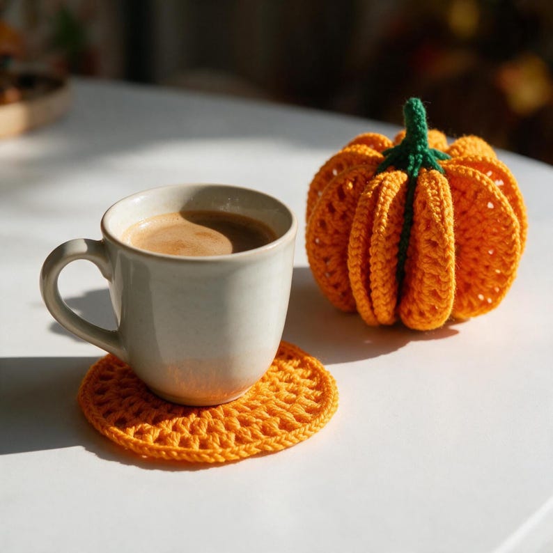 May include: A white ceramic mug filled with coffee sits on a round, orange crocheted coaster. Next to the mug is a small, three-dimensional orange crocheted pumpkin with a green stem, featuring a textured, ribbed design made of yarn.