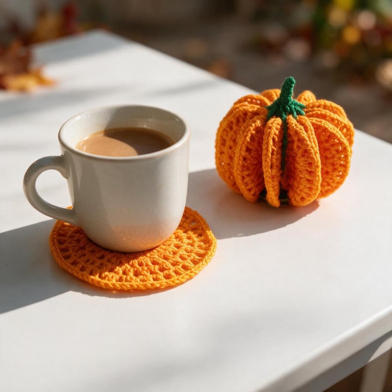 May include: A white ceramic mug filled with a light brown beverage sits on a round, orange crocheted coaster. Next to the mug is a small, round, orange crocheted pumpkin decoration with a green stem, featuring a textured, ribbed design.