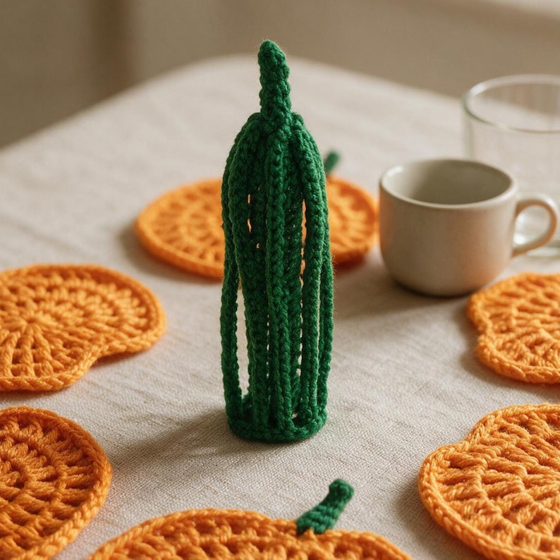May include: A tall, cylindrical green crochet object with a vertical ribbed texture, surrounded by several flat, orange, pumpkin-shaped crochet coasters. The green item features a small stem at the top and an open, cage-like structure.
