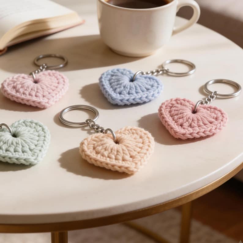May include: A collection of heart-shaped keychains in various pastel colors, including pink, blue, and peach. Each keychain is crafted from a crocheted material and attached to a silver keyring. A cup of coffee and a book are in the background.