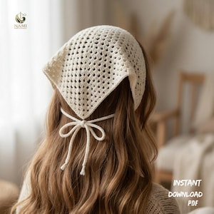 May include: Cream-colored crochet bandana with a square shape and open weave design. The bandana is tied at the back with a matching string, forming a bow. The image also includes the text "INSTANT DOWNLOAD PDF".