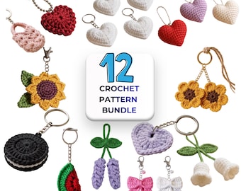12 Crochet Keychain Patterns Bundle PDF, Amigurumi Bag Charm Collection, Flower Fruit Heart Keyring Set, Beginner Crochet Patterns