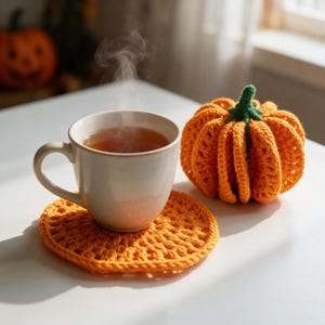 May include: A white ceramic mug filled with a steaming hot beverage sits on a round, orange crocheted coaster. Next to the mug is a small, handmade orange crocheted pumpkin with a green stem, featuring a textured, ribbed yarn construction.