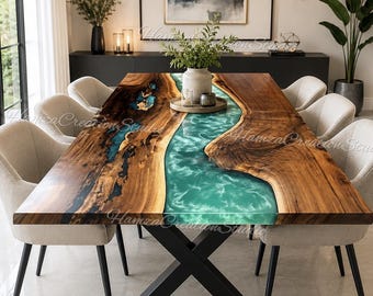 Live Edge Walnut Dining Table with Ocean Teal Epoxy Resin River | Custom Wood Dining Table | Modern Luxury River Table modern  furniture