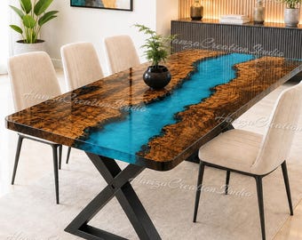 Live Edge Walnut River Dining Table Blue Epoxy Resin | Luxury Burl Wood Kitchen Table | Handmade Modern Dining Home Decor Furniture