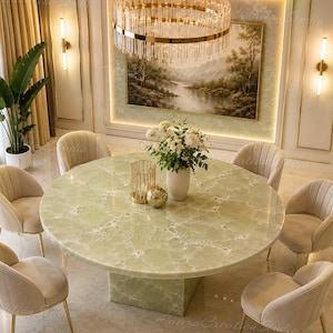 Luxury Round Green Onyx Dining Table | Natural Stone Table | Modern Marble Dining Table | Custom Handmade Stone Furniture