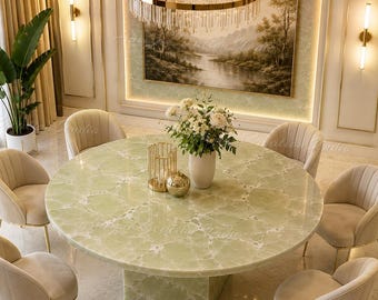 Luxury Round Green Onyx Dining Table | Natural Stone Table | Modern Marble Dining Table | Custom Handmade Stone Furniture