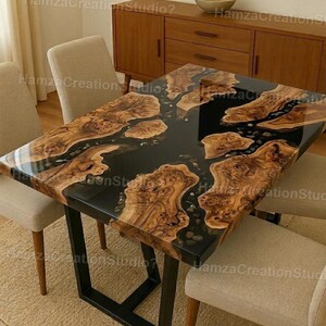 Mesa de comedor moderna de madera con borde natural y epoxi negro River, hecha a mano. Mesa de comedor moderna de madera con borde natural y epoxi negra, hecha a mano.