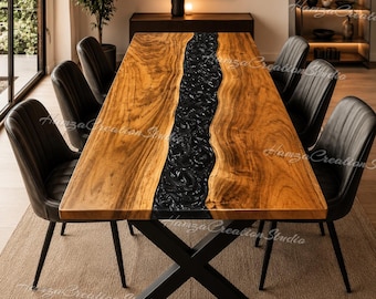 Mesa de comedor de nogal con borde natural, río de resina epoxi negra ónix, mesa de conferencias a medida, madera maciza.