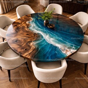 May include: A round dining table with a unique epoxy resin design. The table features a wood grain pattern on one side and a blue and white wave design on the other. The table is surrounded by eight cream-colored chairs.