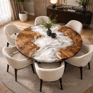 Live Edge eettafel van hout en hars, ronde epoxy riviertafel, modern rustiek eetkamermeubilair ronde walnoot epoxy tafel, handgemaakte riviertafel