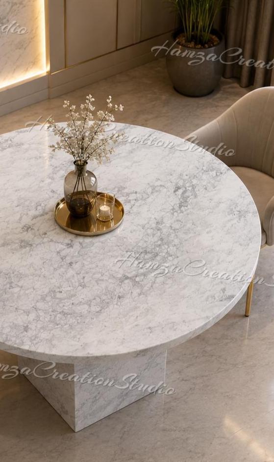Round White Marble Dining Table – Luxury Carrara Style Stone Table ...