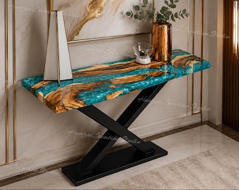 Live Edge Walnut Resin River Console Table | Blue Epoxy Entryway Table | Custom Slim Hallway Table | Luxury Modern Furniture